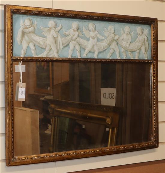 A 19th century giltwood and gesso small overmantel mirror surmounted by an oil on canvas panel depicting putti, 62 x 78.5cm W.79cm